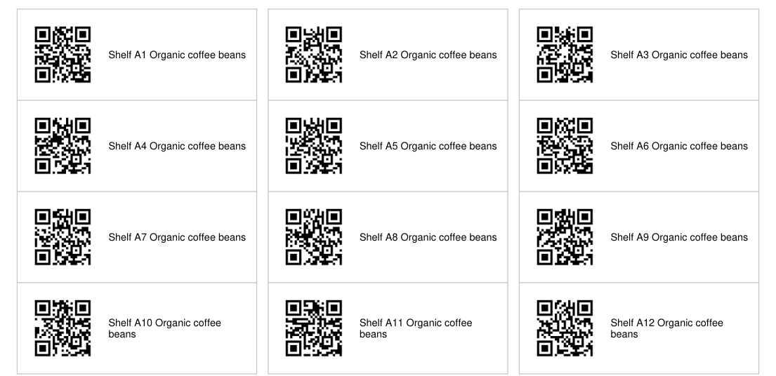 The top four rows of a 5160 size label sheet, three labels per row, each with a QR code on the left and a shelf name on the right.