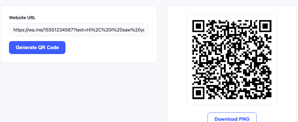 The URL QR code generator with a wa.me WhatsApp link pasted in, showing the generated QR code and a download button.
